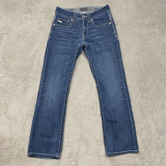 Buckle Black Jeans Mens 29 Blue 7 Fit Western Thick Stitch Flap Pockets Distress - Picture 1 of 14